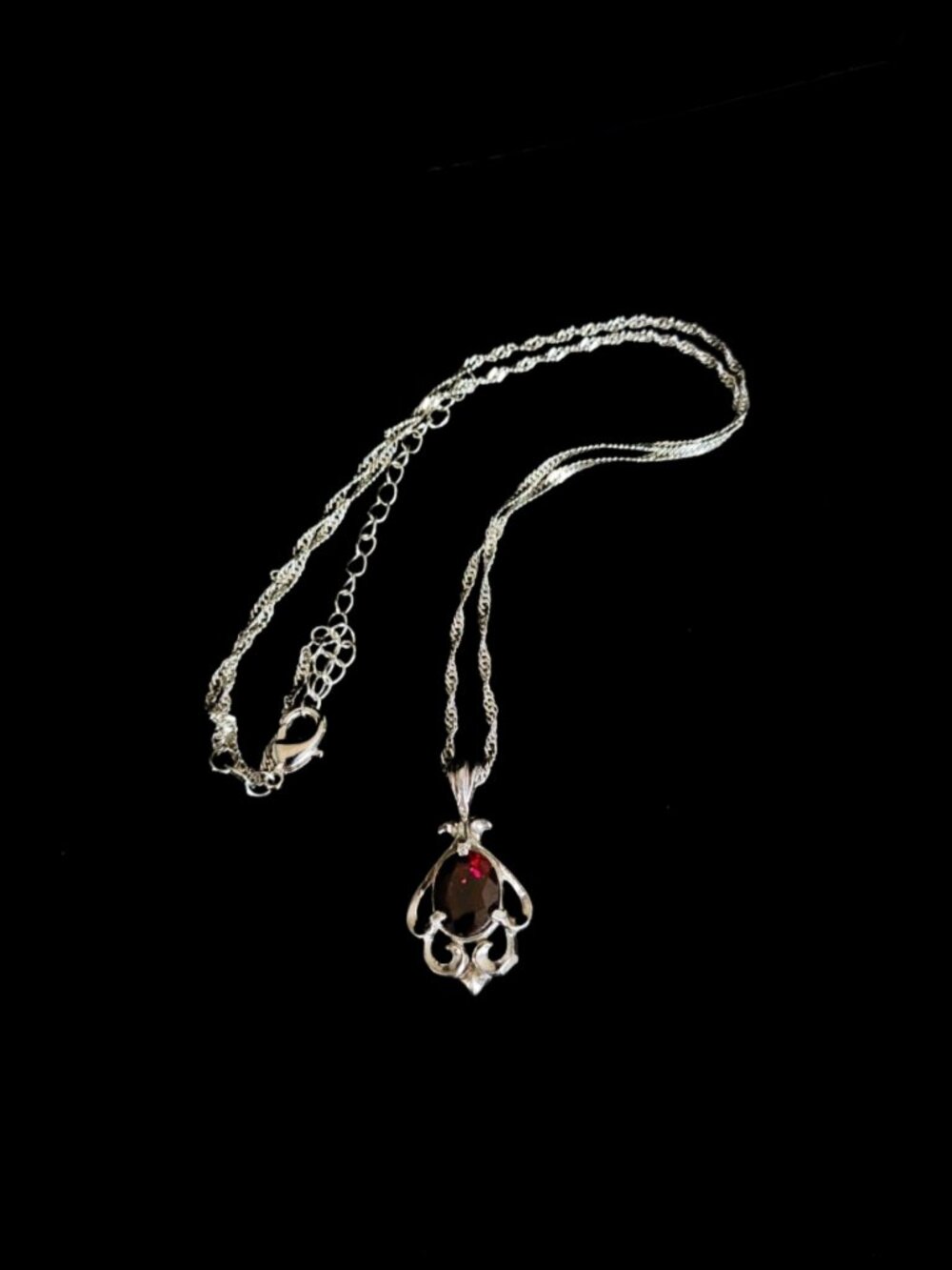 Vintage 80s Art Deco Revival Sterling Silver Garnet Pendant Singapore Chain 21"